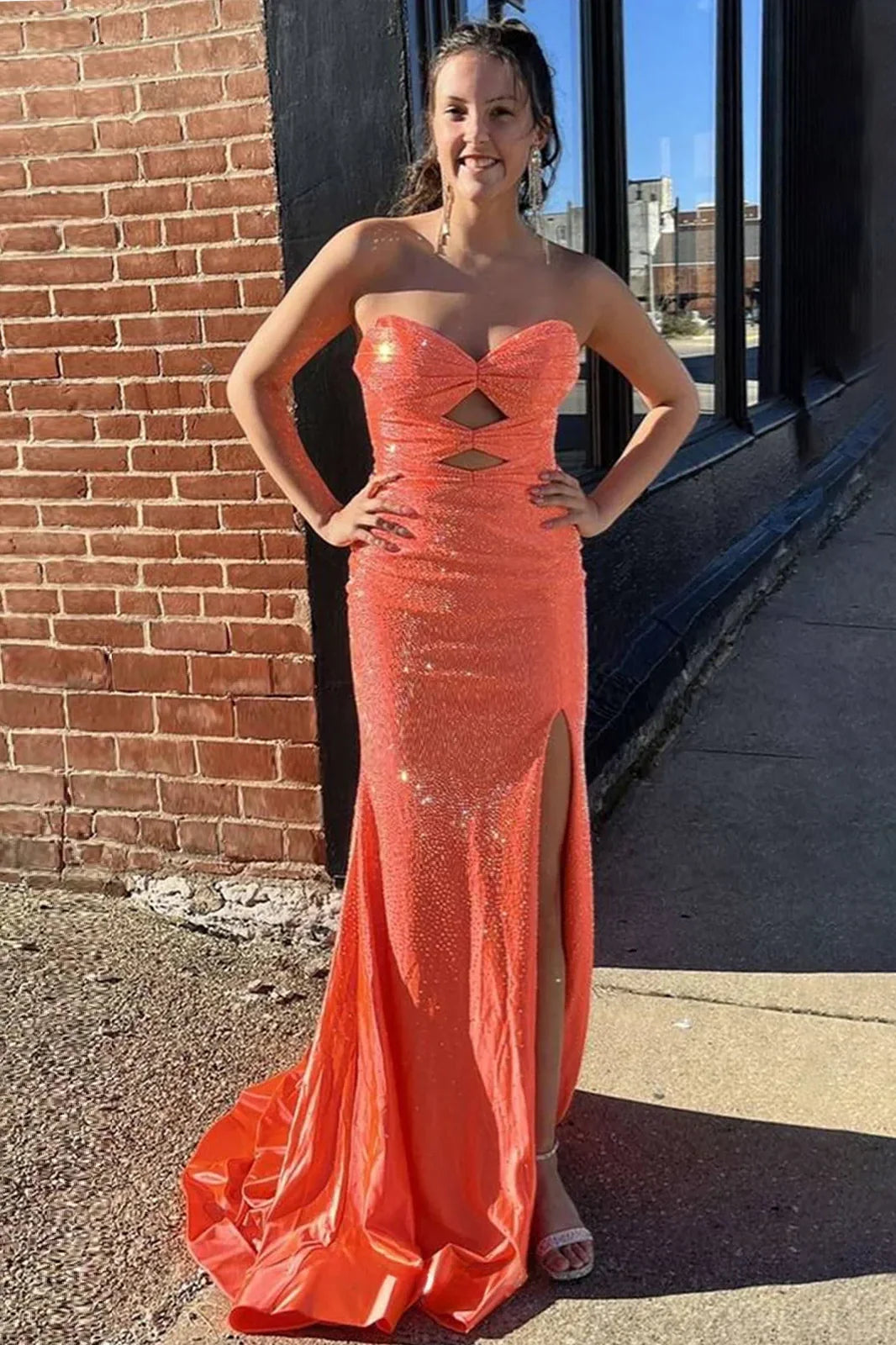 Cute Hot Pink Mermaid Strapless Long Beaded Prom Dress with Slit