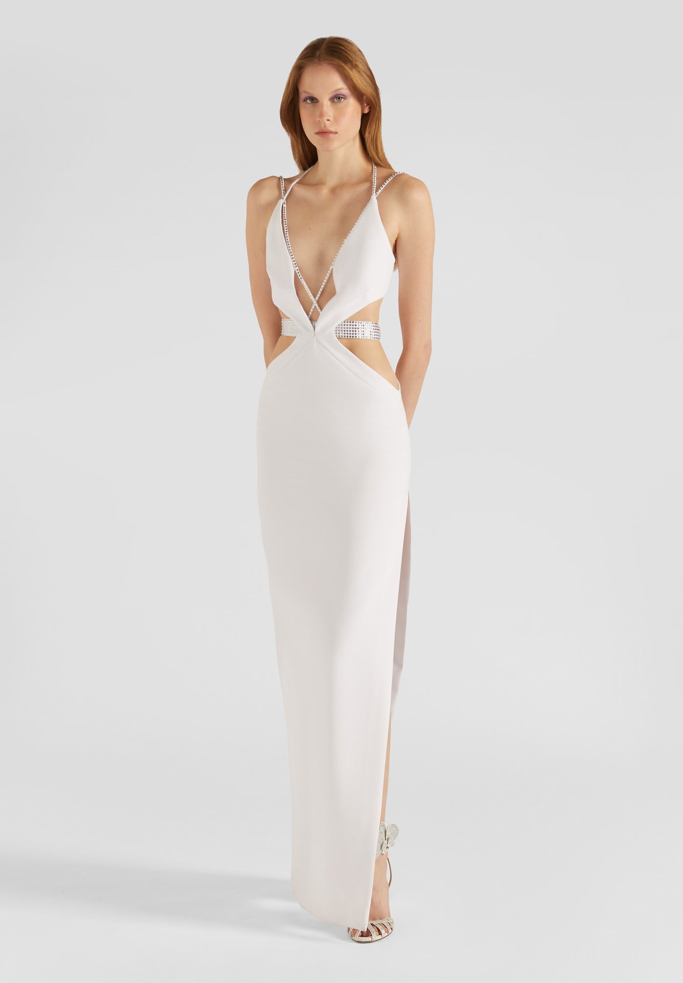 White Rhinestone Hollow Out Cutout Camisole Backless Maxi Dress - View 4