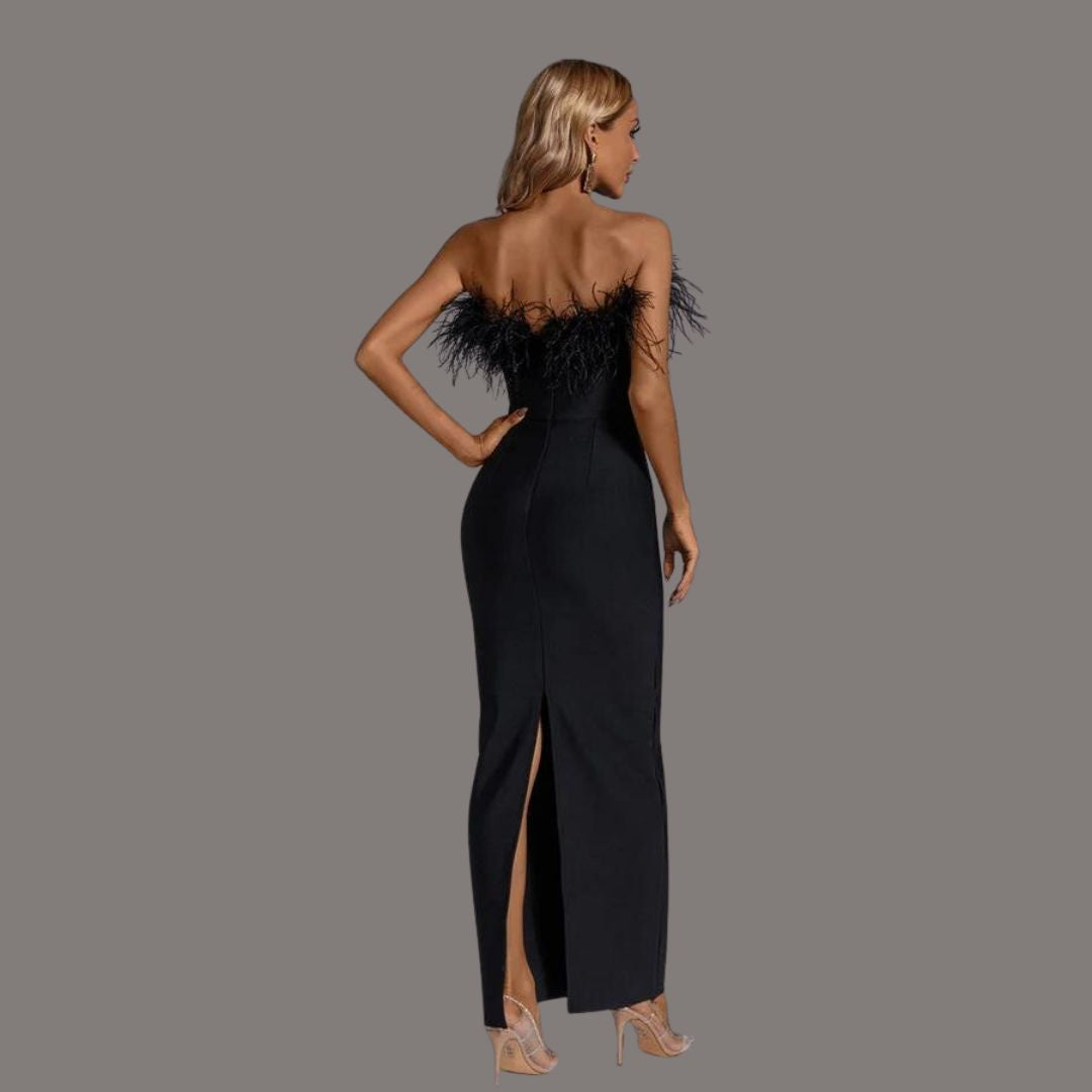 Feather Trim Strapless Bodycon Column Maxi Gown
