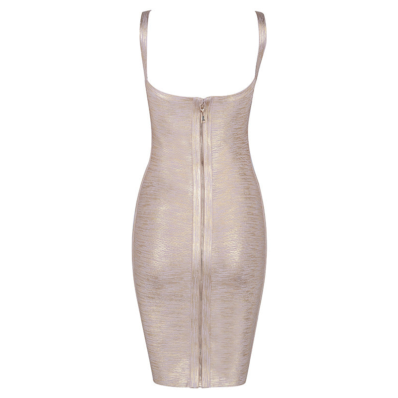 Metallic Foil V-Neck Spaghetti Strap Bandage Bodycon Mini Dress 6
