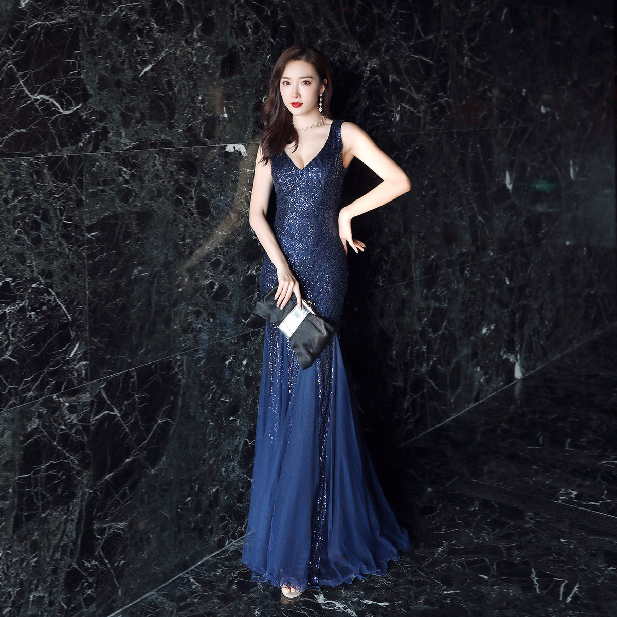 Sequin V-Neck Sleeveless Tulle Godet Mermaid Evening Gown 7