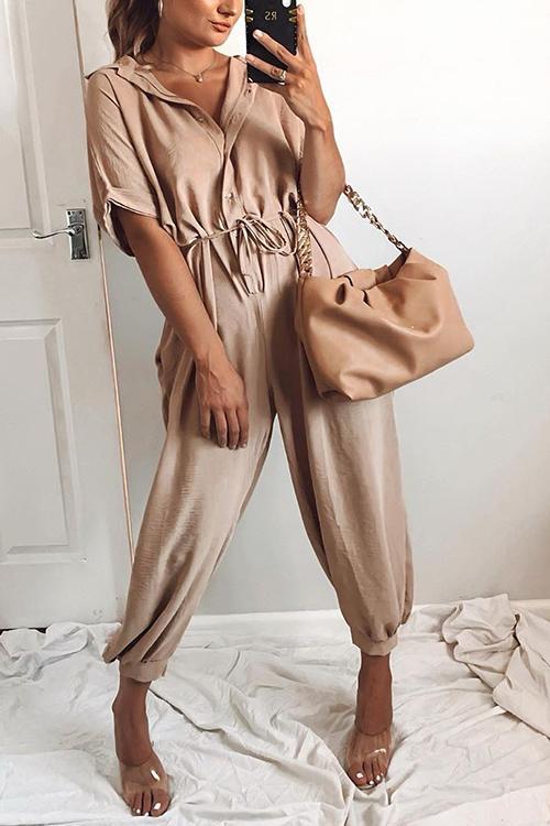 Button Pockets Drawsting Jumpsuit