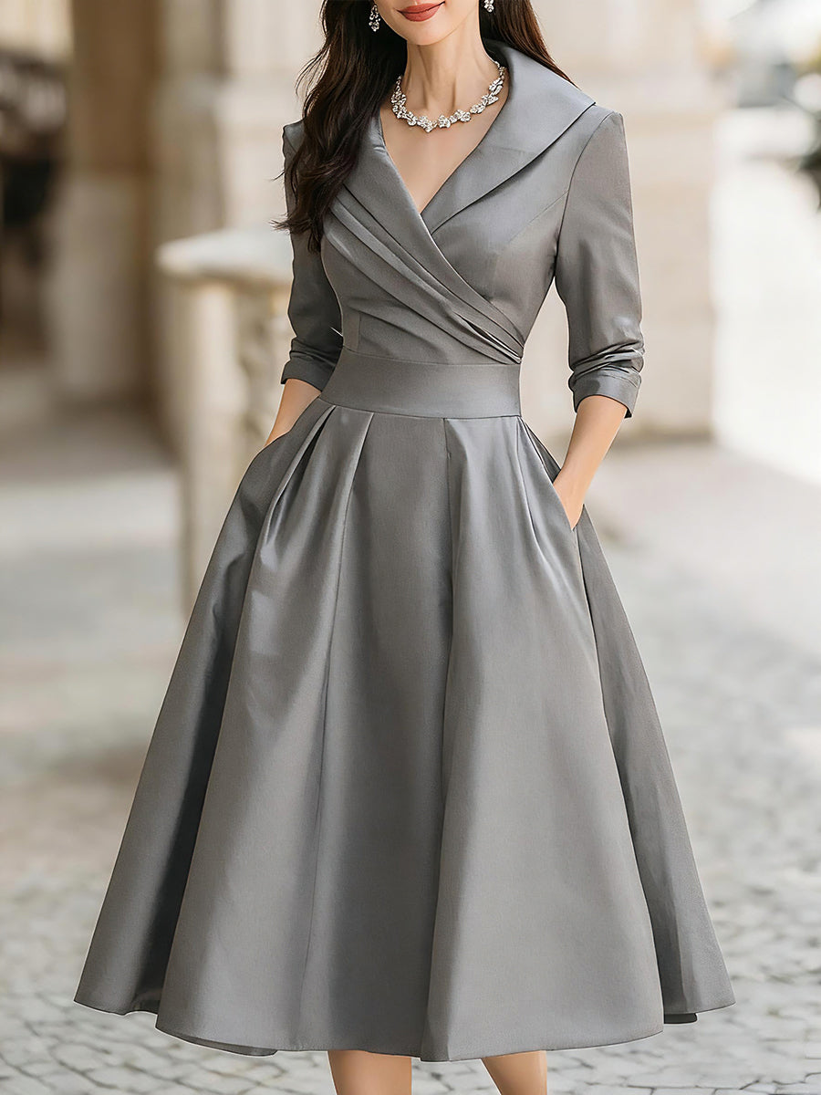 Satin Shawl Collar Wrap Ruched Fit and Flare Midi Dress Cocktail 9