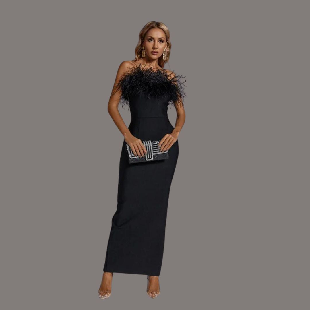 Feather Trim Strapless Bodycon Column Maxi Gown