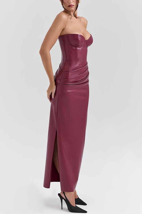 Charm Redefined Faux Leather Off Shoulder Back Lace-up Maxi Dress - View 9
