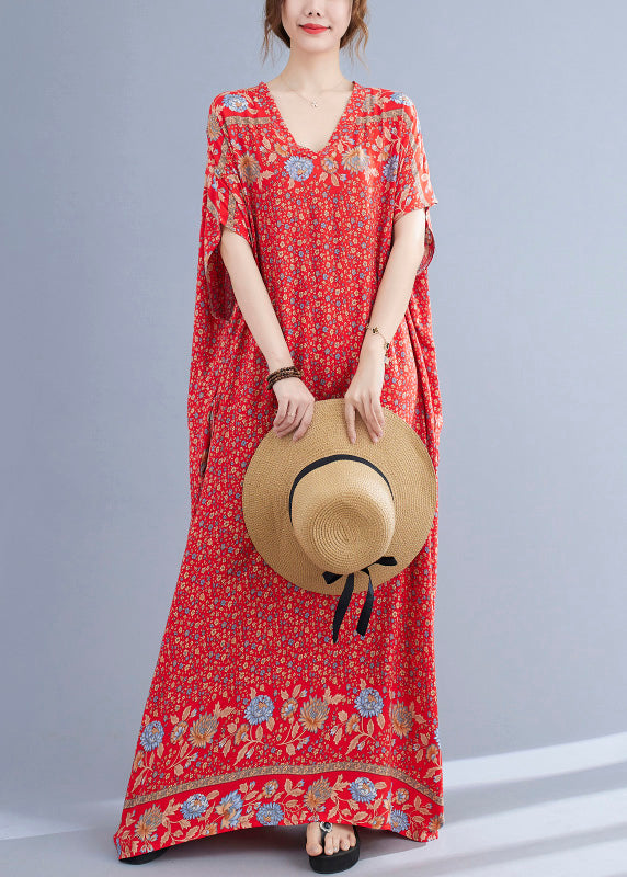 Floral Border Print V-Neck Drop Shoulder Short Sleeve Loose Maxi Dress