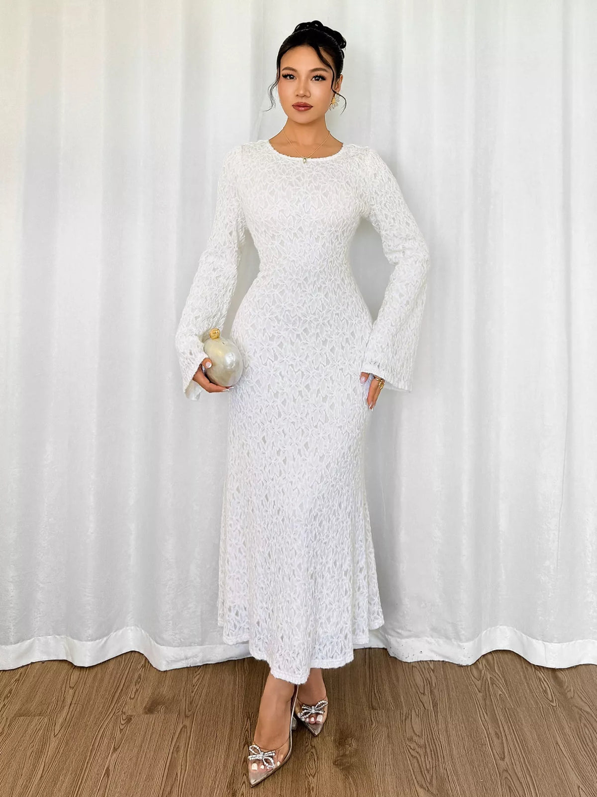 Lace Round Neck Flare Sleeve Dress