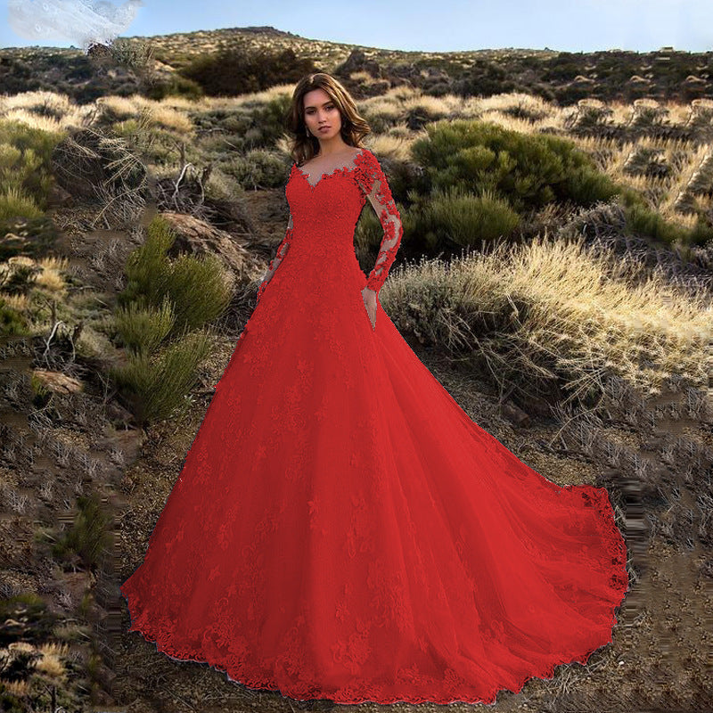 Long Sleeve Solid Color See through Lace Bridal Wedding Dress - View 4