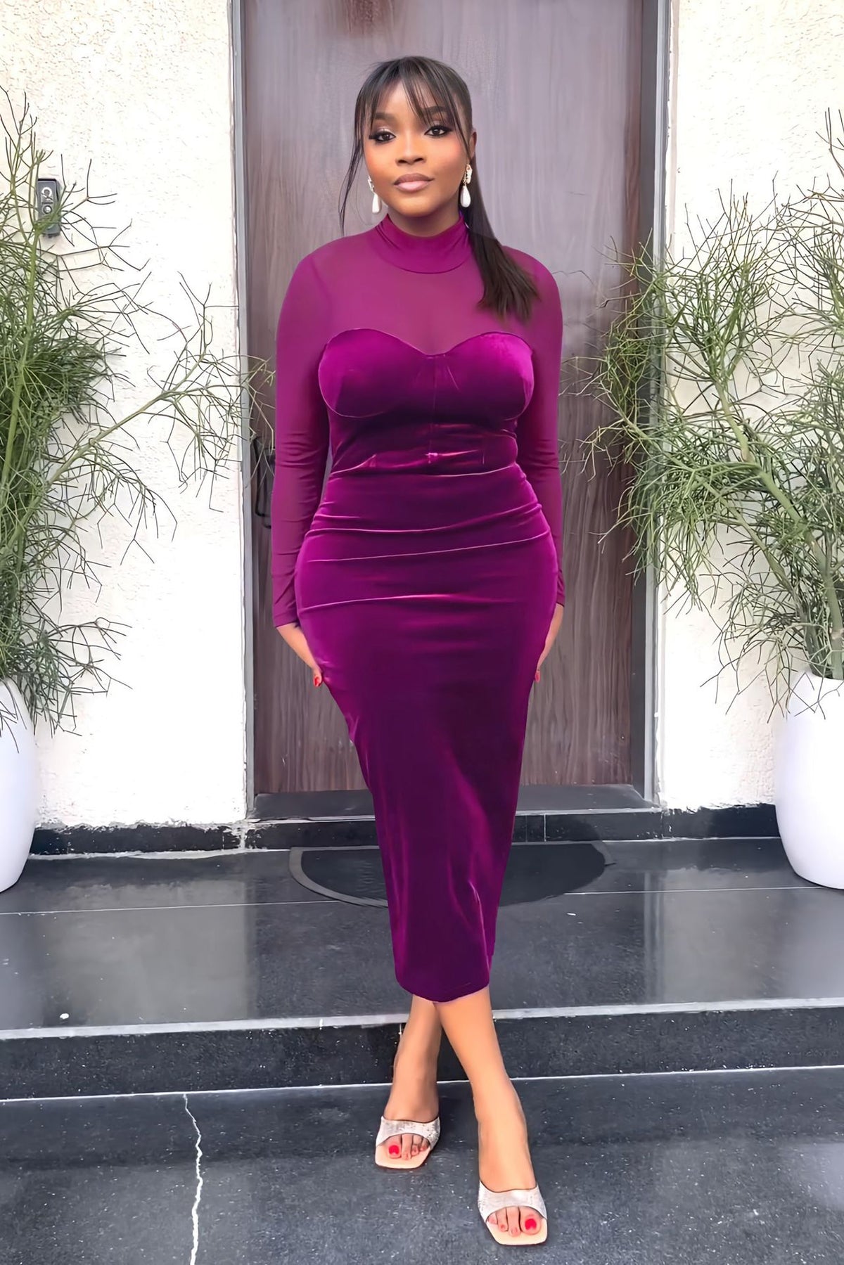 Velvet Mesh Mock Neck Long Sleeve Corset Bustier Bodycon Midi Dress