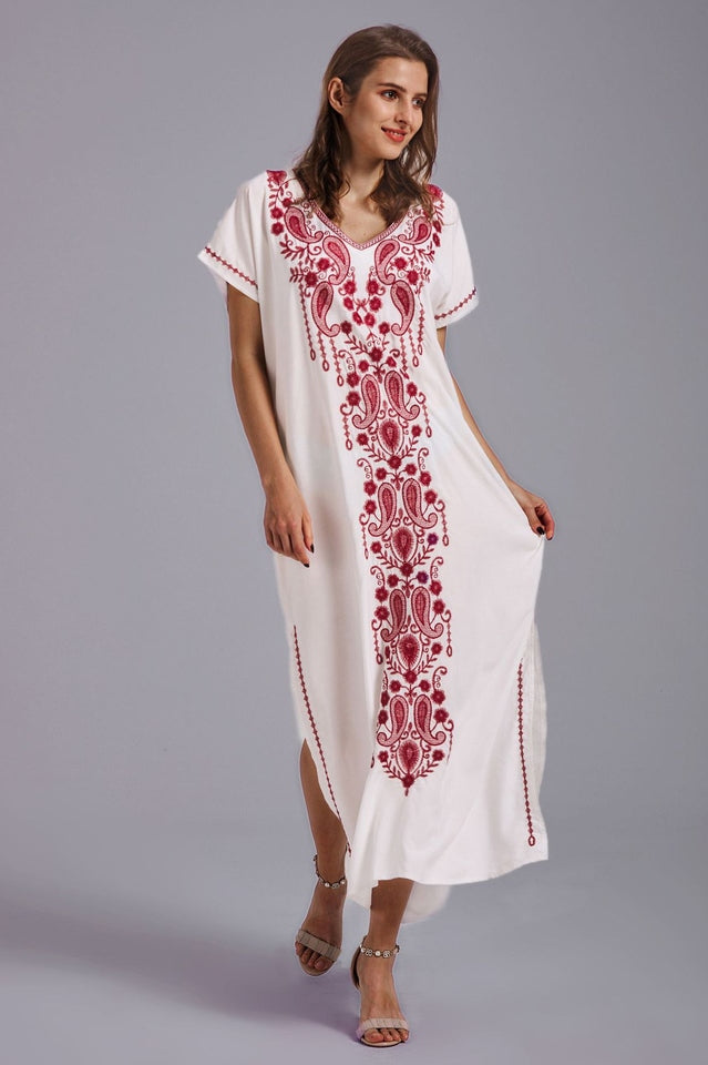 Embroidered V-Neck Short Sleeve Kaftan Maxi Dress 23