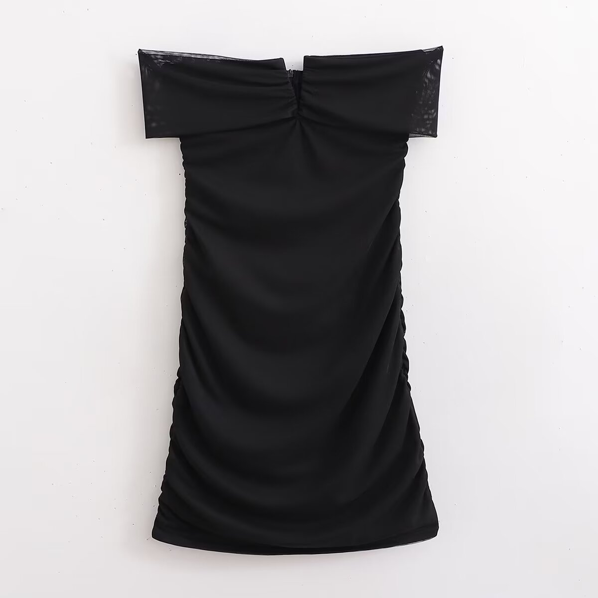 Mesh Off Shoulder Notched Neckline Ruched Bodycon Mini Dress 9