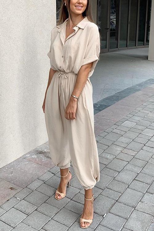 Button Pockets Drawsting Jumpsuit