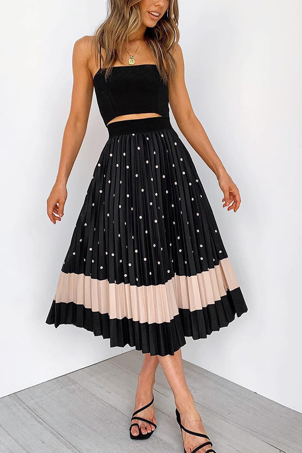 Polka Dot Color Block Pleated Midi Dress