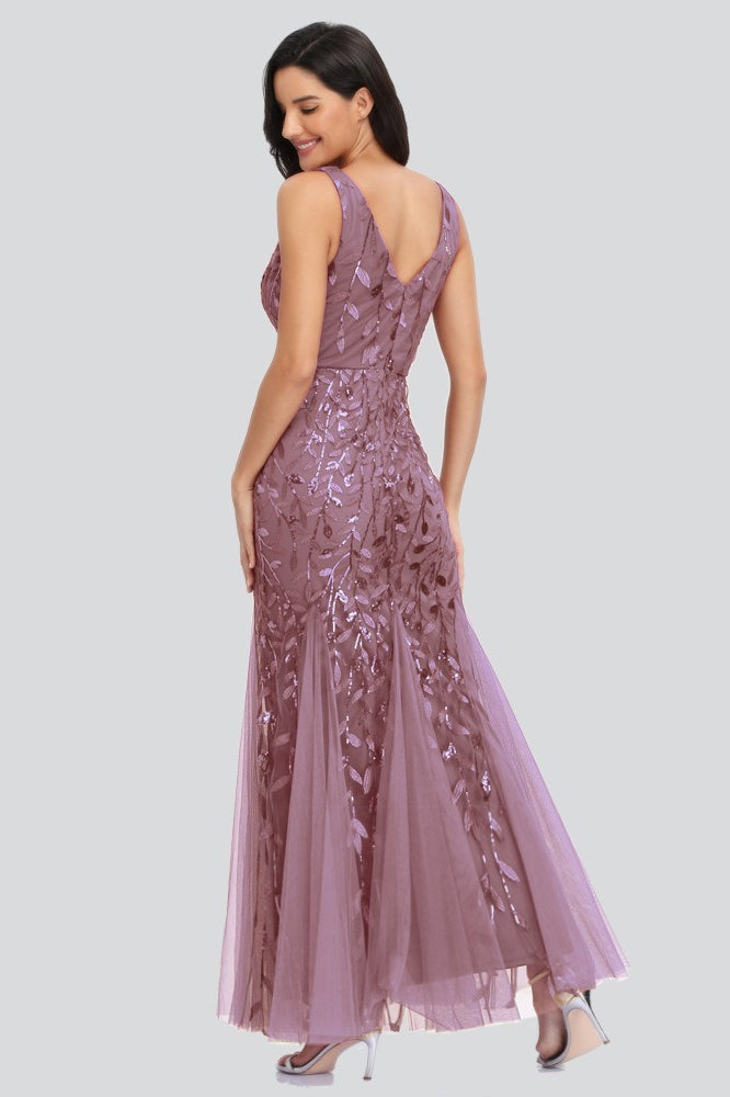 Sequin V-Neck Embroidered Mermaid Maxi Prom Dress