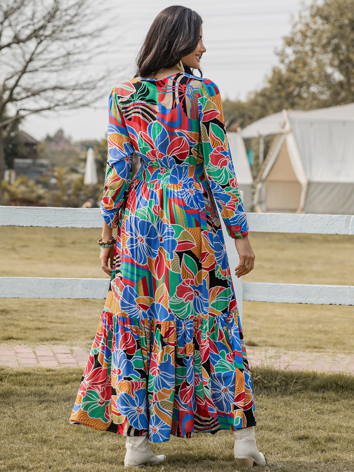 Floral Print V-Neck Long Sleeve Smocked Waist Tiered High Split Maxi Dress 2