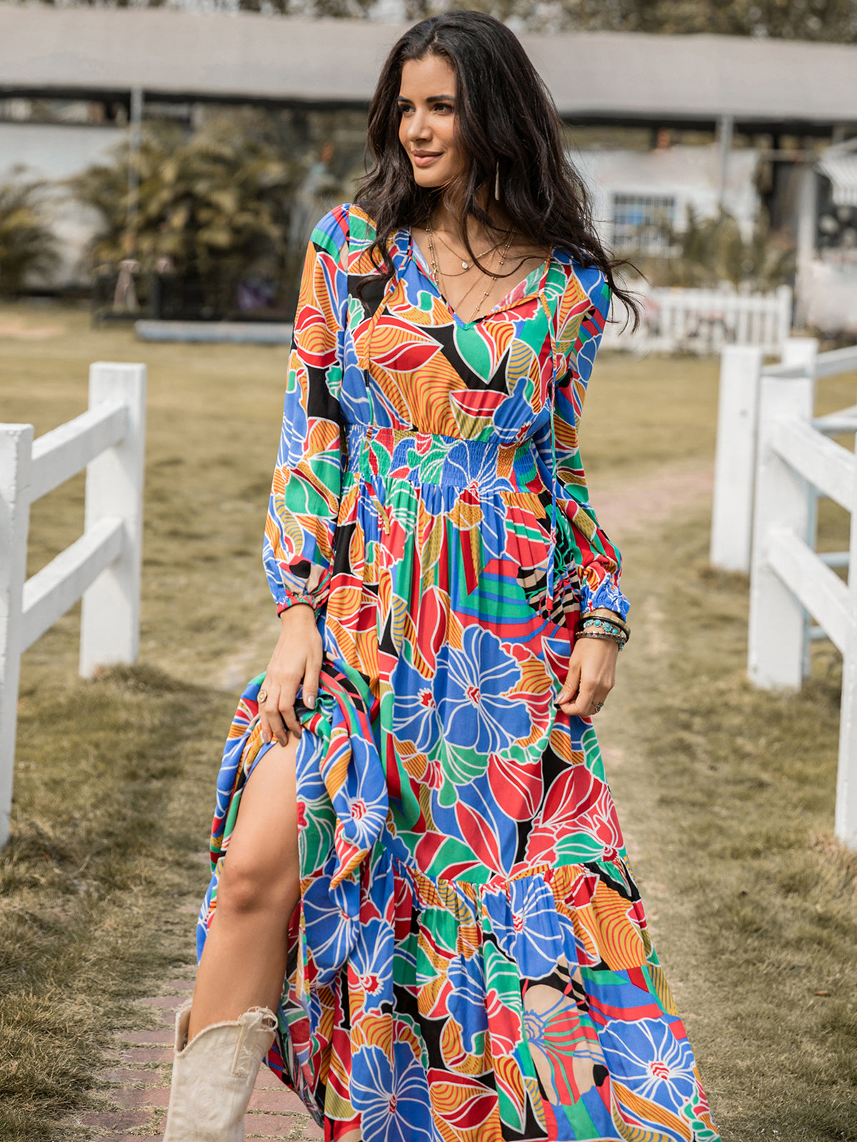 Floral Print V-Neck Long Sleeve Smocked Waist Tiered High Split Maxi Dress 5