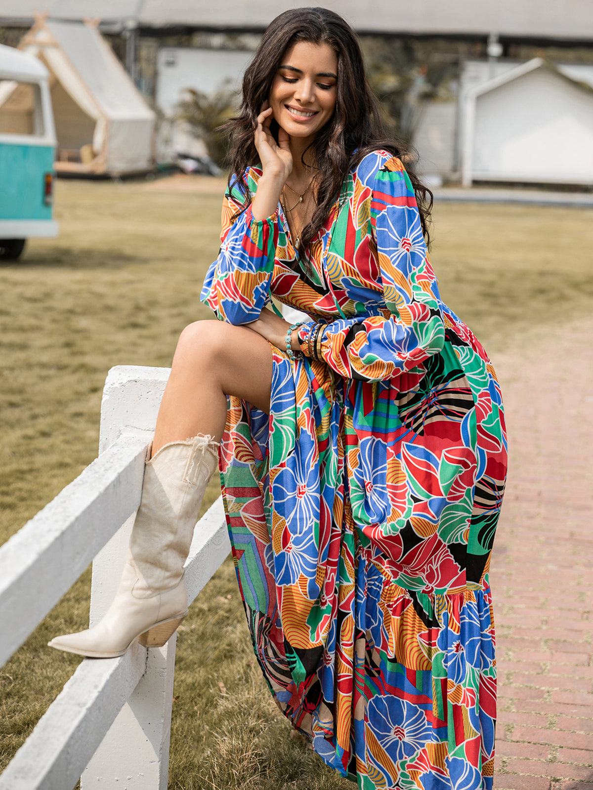 Floral Print V-Neck Long Sleeve Smocked Waist Tiered High Split Maxi Dress 6
