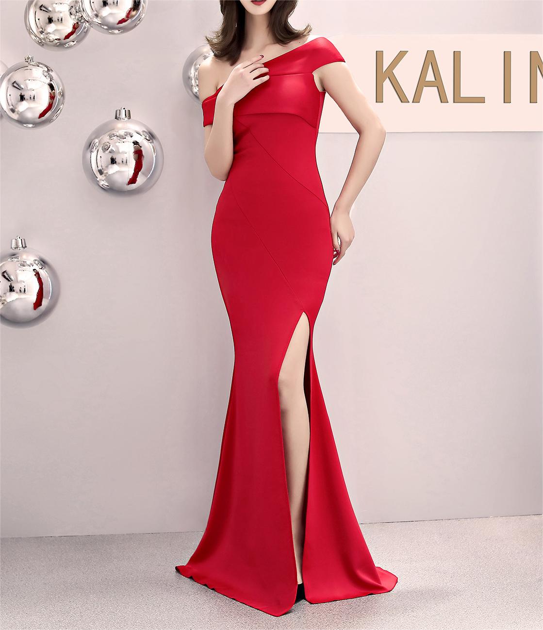 Satin Off Shoulder High Split Mermaid Gown