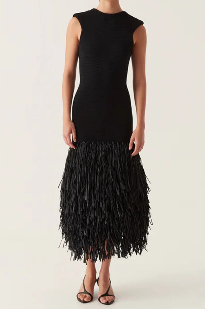 Solid Raffia Panel Knit Midi Chic Cocktail Dress in Black - View 3
