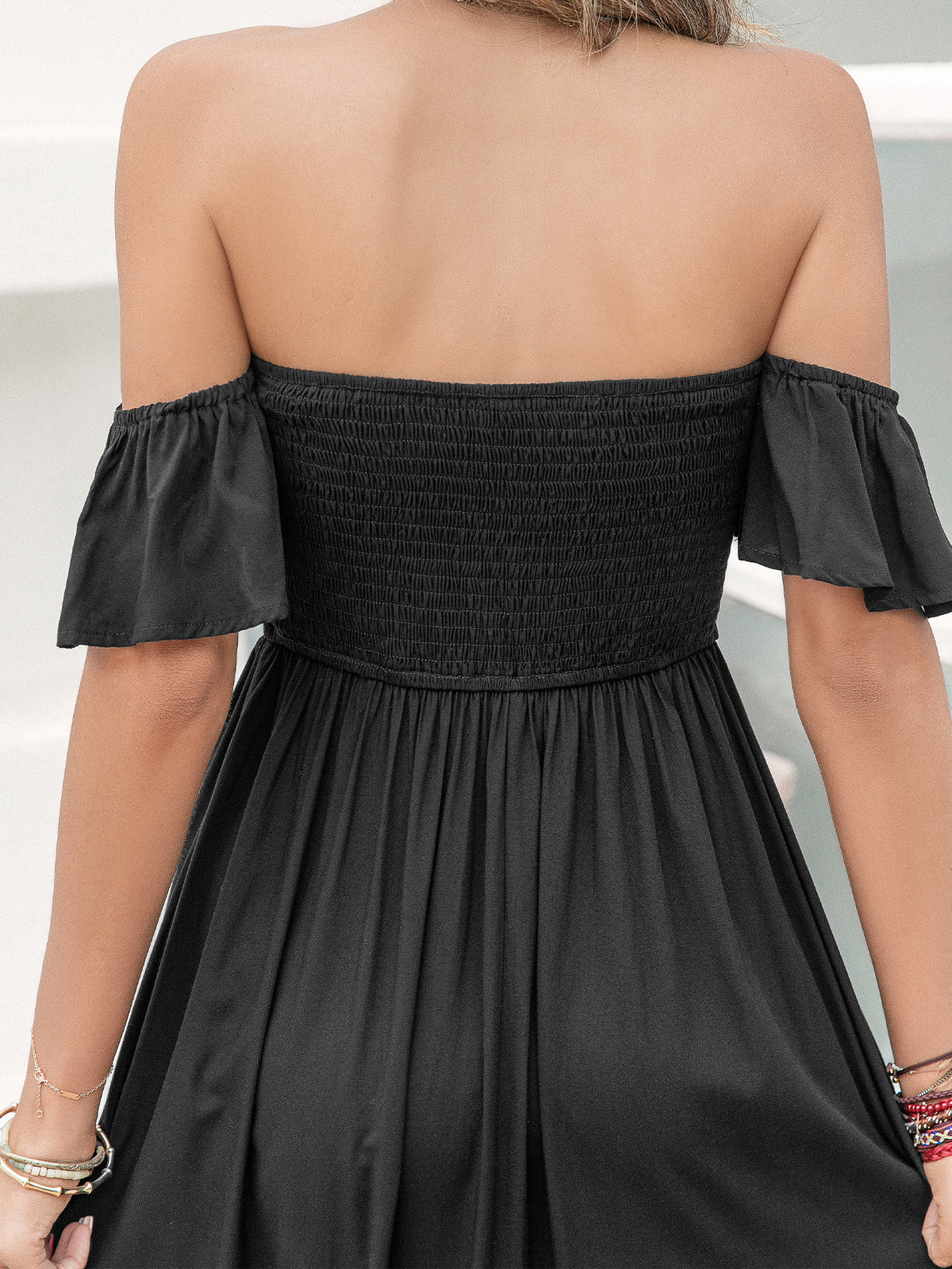 Embroidered Off Shoulder Ruffle Sleeve High Low Tiered Maxi Dress 4