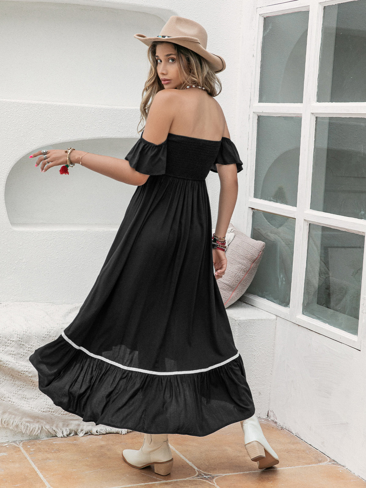 Embroidered Off Shoulder Ruffle Sleeve High Low Tiered Maxi Dress 5