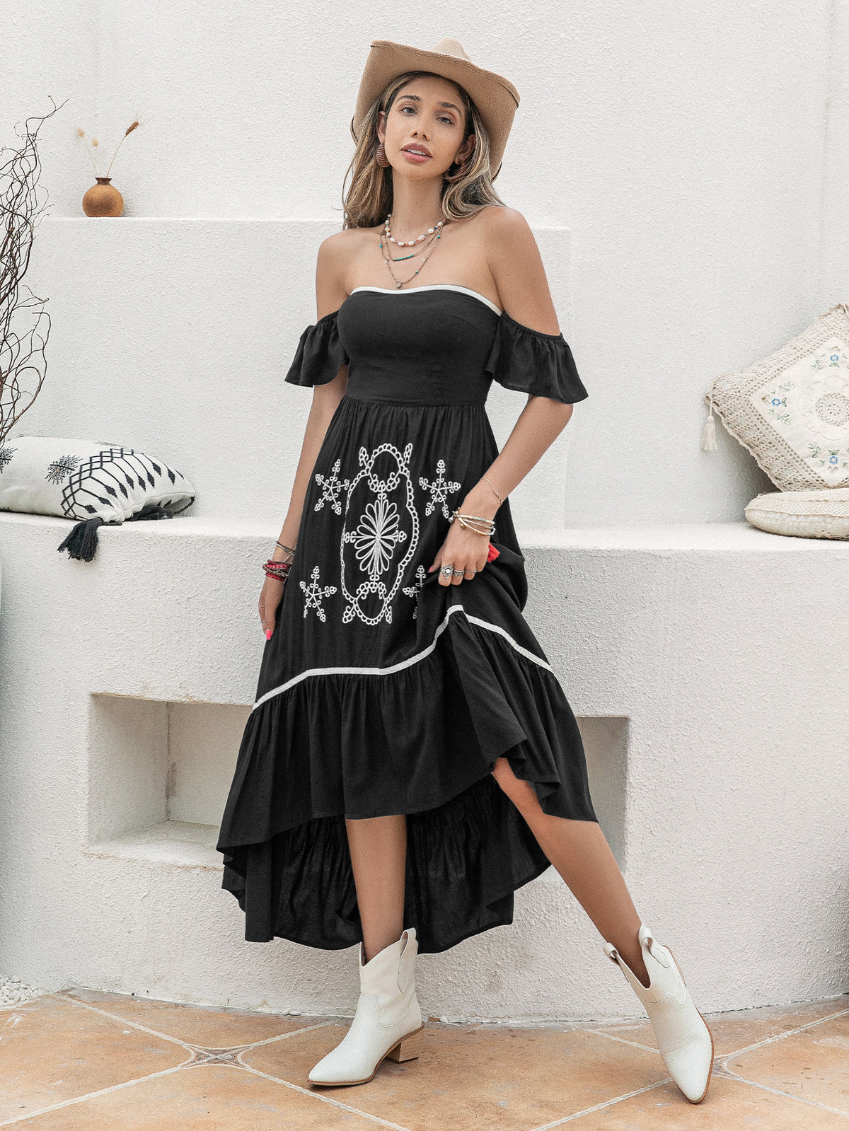Embroidered Off Shoulder Ruffle Sleeve High Low Tiered Maxi Dress 7