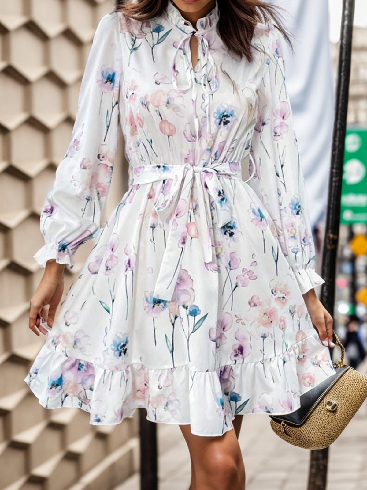 Floral Print Tie Neck Long Sleeve Belted Ruffle Hem Mini Dress