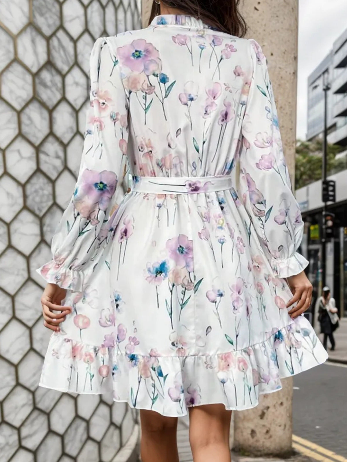 Floral Print Tie Neck Long Sleeve Belted Ruffle Hem Mini Dress 5