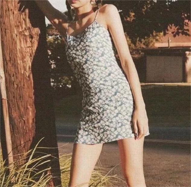 Fresh Dress Spring Summer Retro Blue Floral Slim Fitting Slip Dress