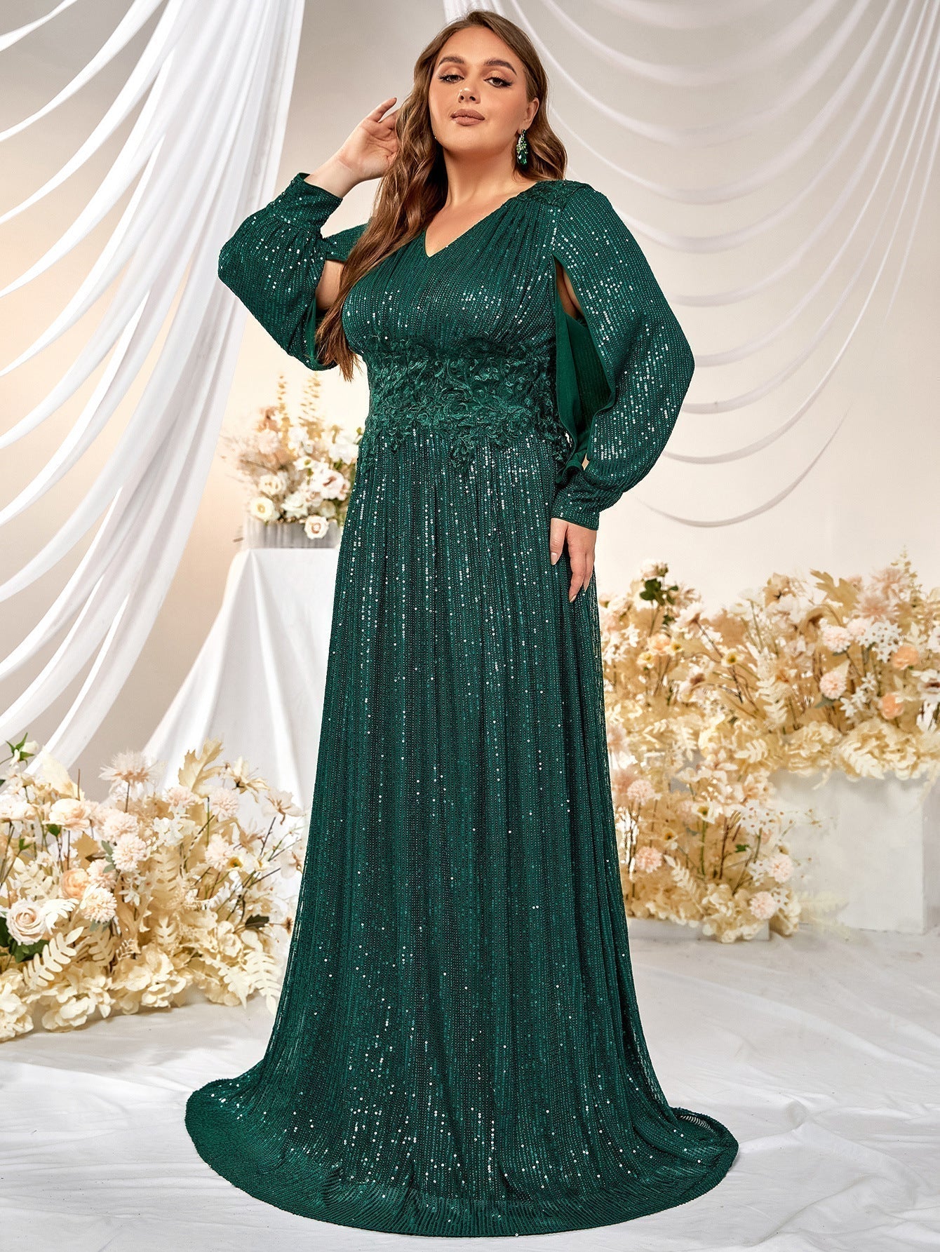 Sequin V-Neck Long Sleeve Lace Waist A-Line Gown