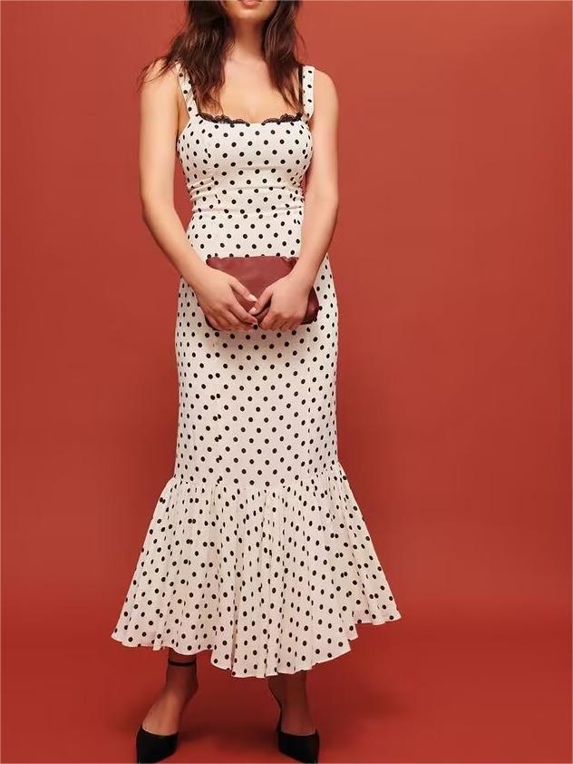 Polka Dot Lace Trim Square Neck Sleeveless Mermaid Midi Dress