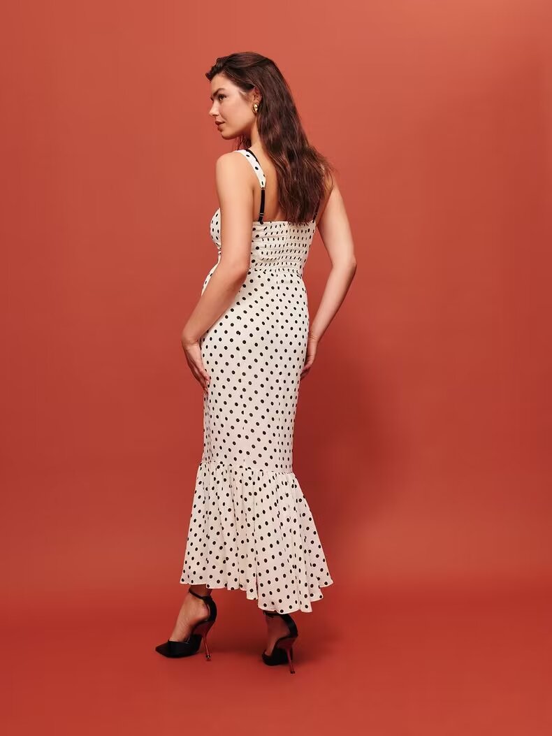 Polka Dot Lace Trim Square Neck Sleeveless Mermaid Midi Dress 2