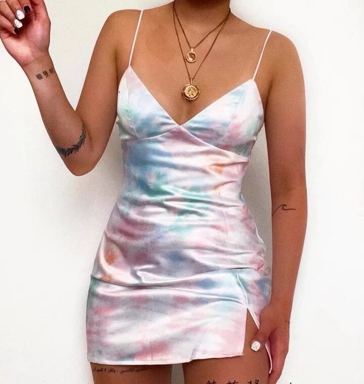 Women Clothing Sexy Tie Dyed Printing Slip Dress Sheath Dress