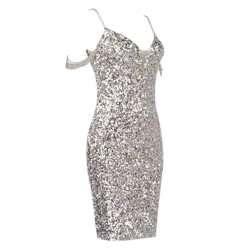 Sequin Cold Shoulder Chain Strap Plunge Bodycon Mini Dress 10