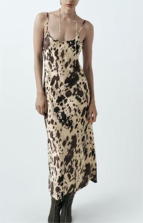 Cow Print Satin Scoop Neck Spaghetti Strap Midi Slip Dress