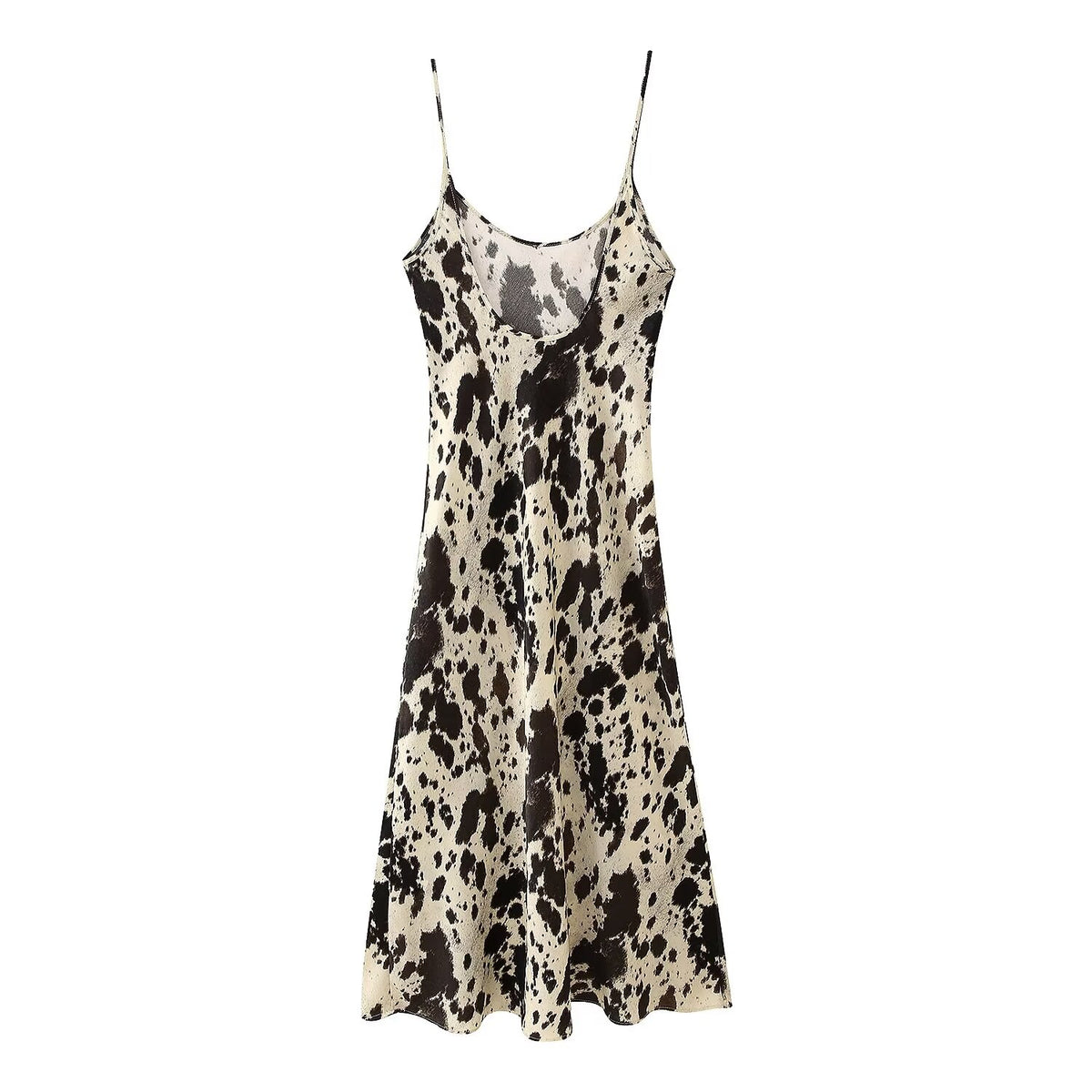 Cow Print Satin Scoop Neck Spaghetti Strap Midi Slip Dress 4