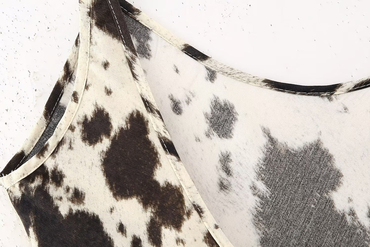 Cow Print Satin Scoop Neck Spaghetti Strap Midi Slip Dress 8
