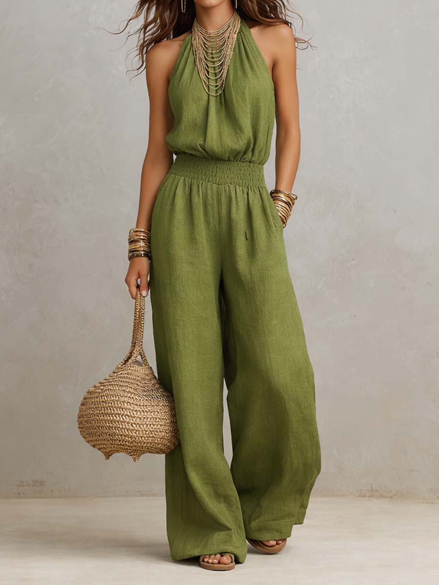 Halter Neck Smocked Waist Wide Leg Jumpsuit