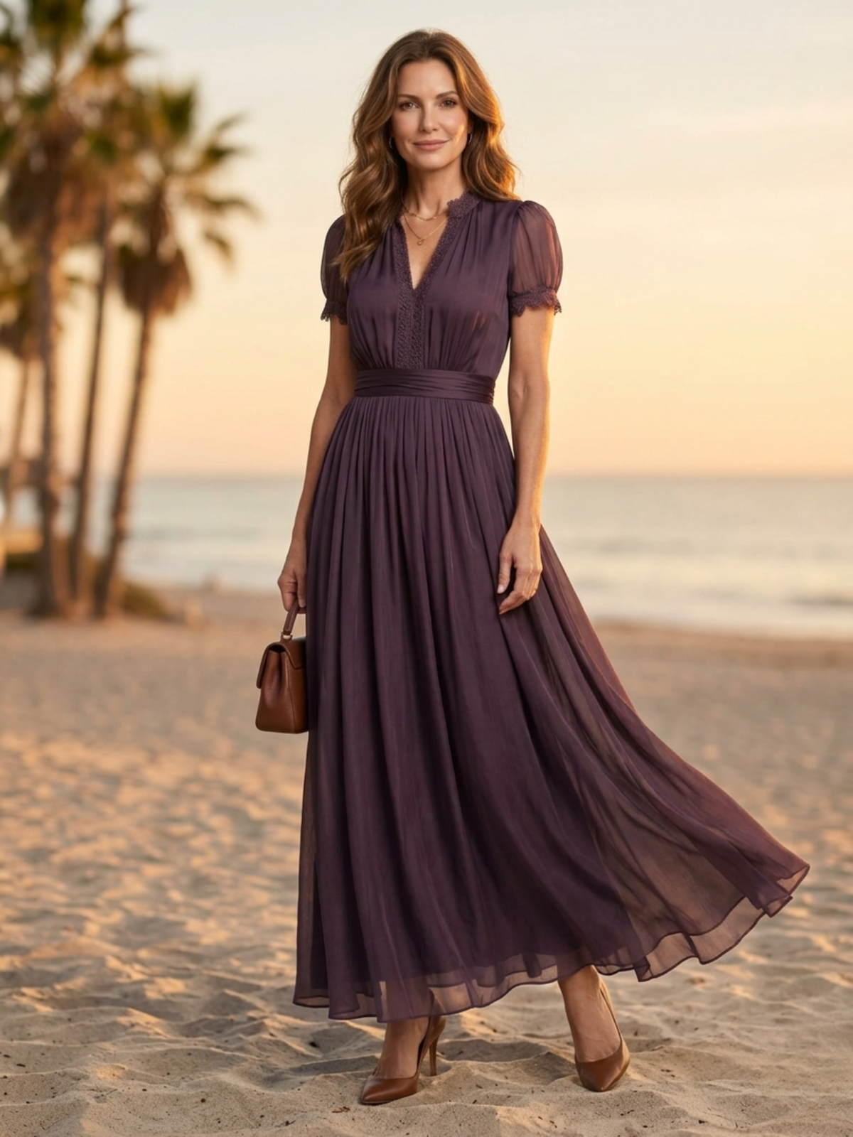 Lace Trim V-Neck Short Sleeve Pleated Chiffon Maxi Dress