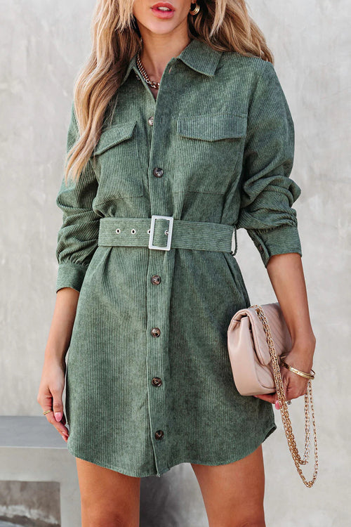 Catch Your Self Corduroy Button Up Mini Dress - 5 Colors Deep Green