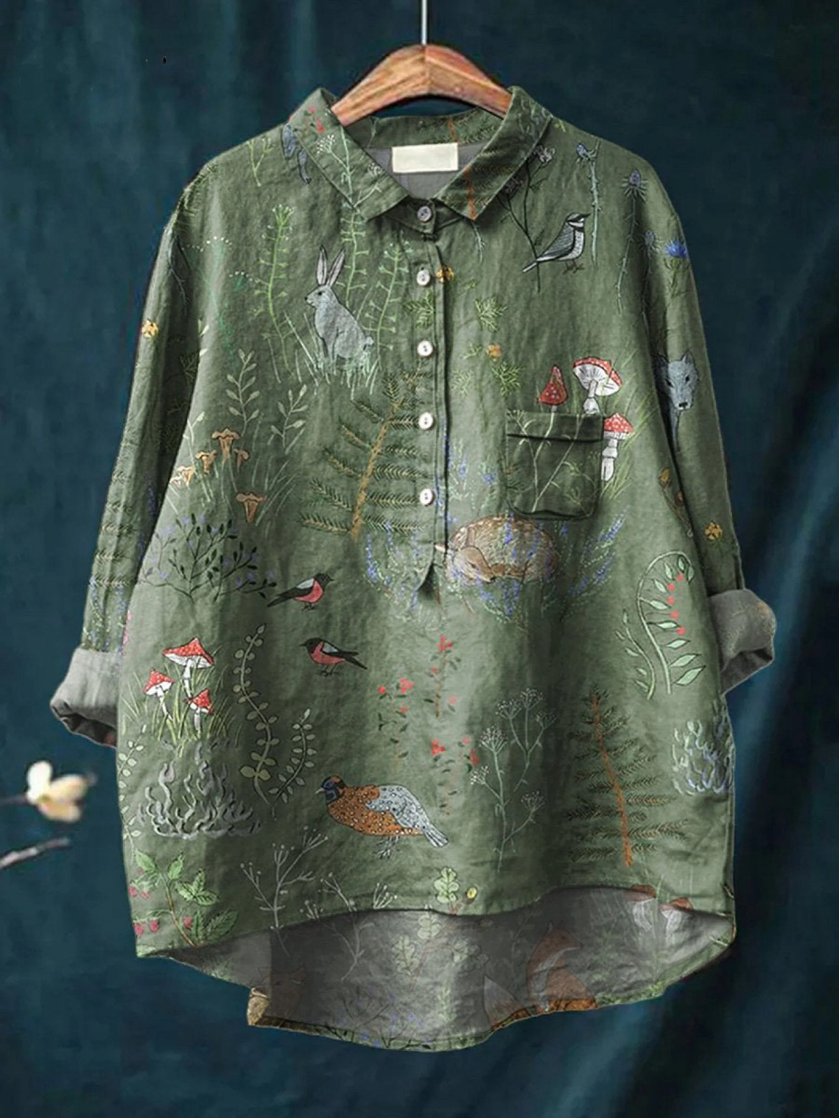 Woodland Animal Print Collared Button Front Long Sleeve Shirt