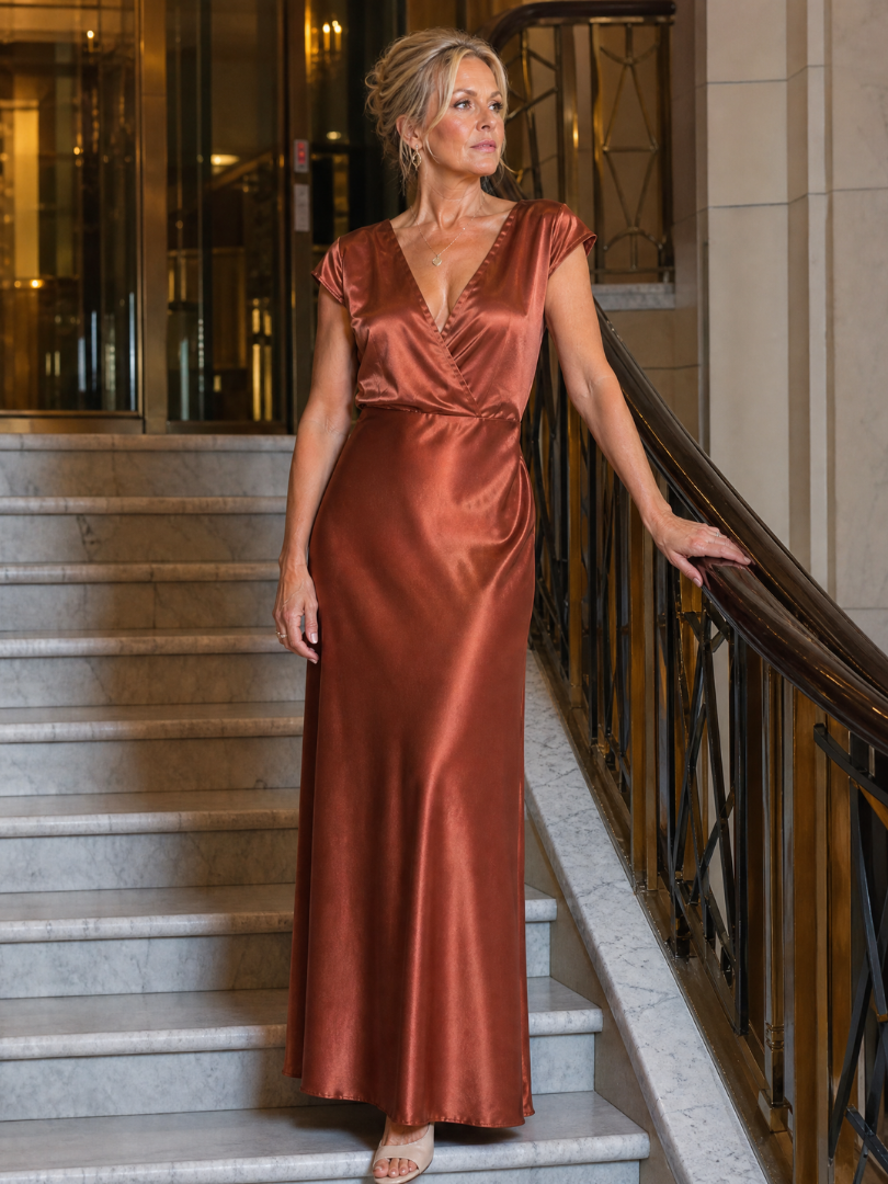 Surplice V-Neck Cap Sleeve Satin Maxi Gown