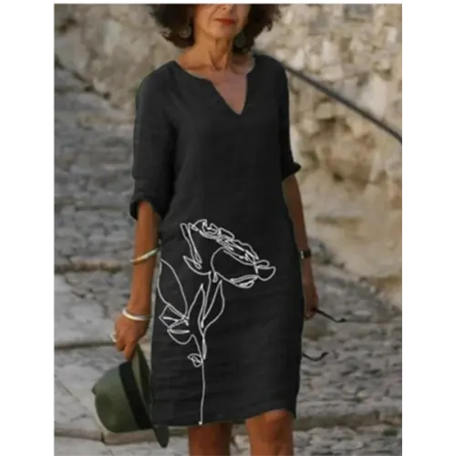 V-Neck Three Quarter Sleeve Relaxed Fit Knee Length Shift Dress