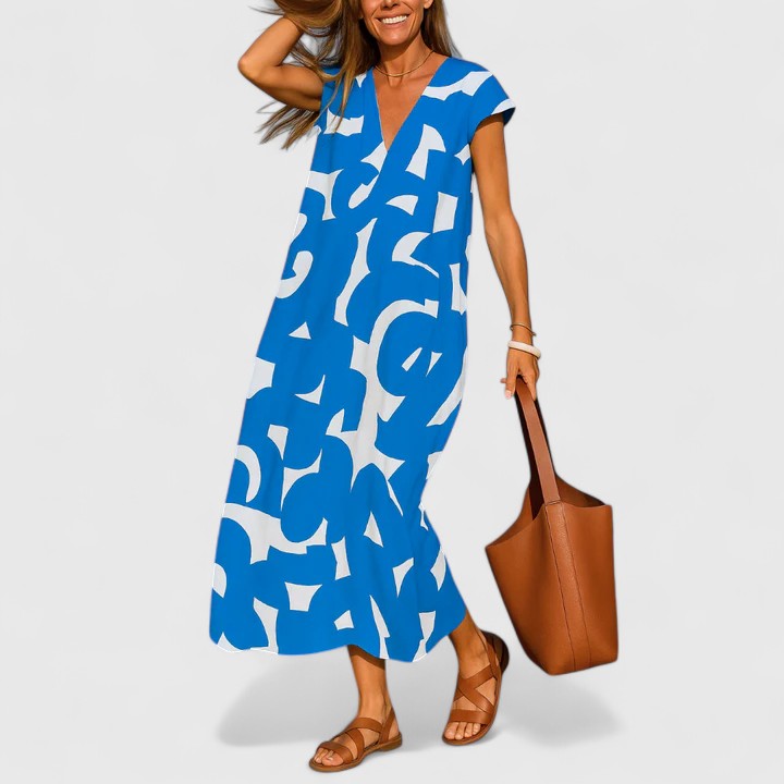 Abstract Print V-Neck Cap Sleeve Maxi Dress