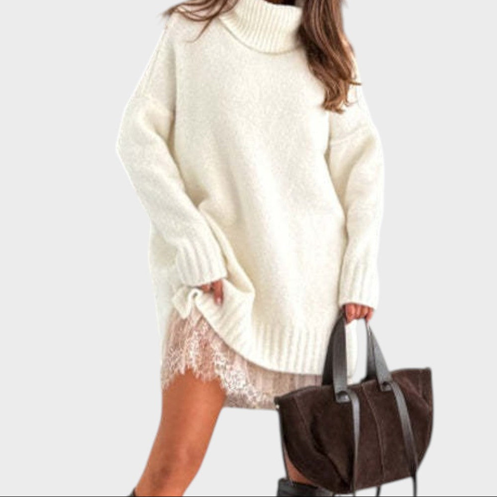 Turtleneck Oversized Sweater and Lace Slip Dress Two Piece Set