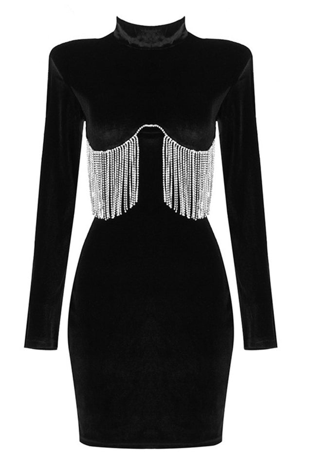 Velvet Mock Neck Long Sleeve Rhinestone Fringe Bodycon Mini Dress 12