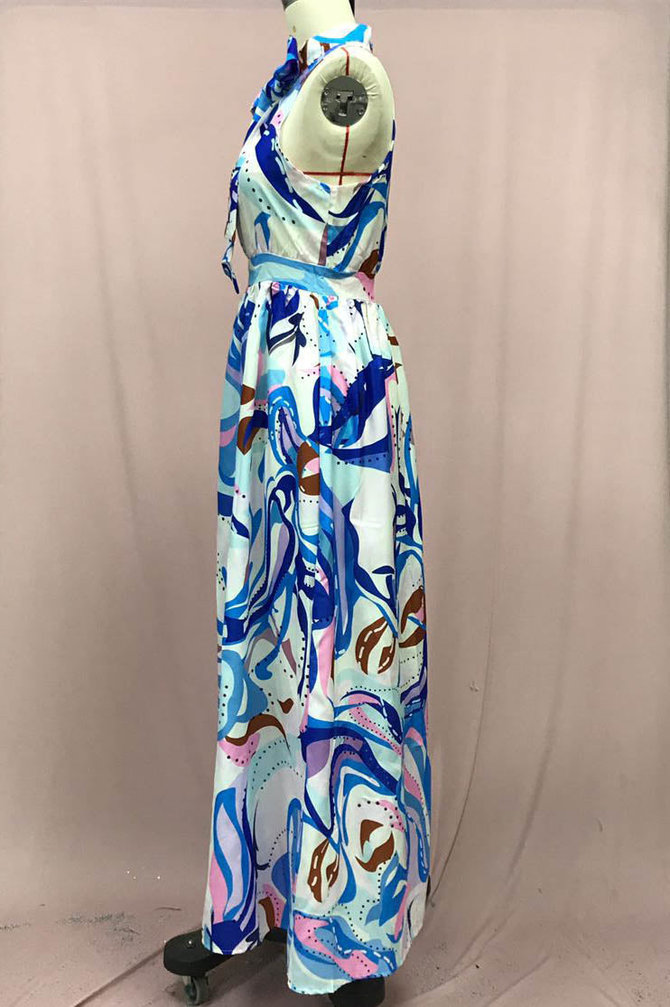 Halter Tie Neck Sleeveless Flowy Maxi Dress