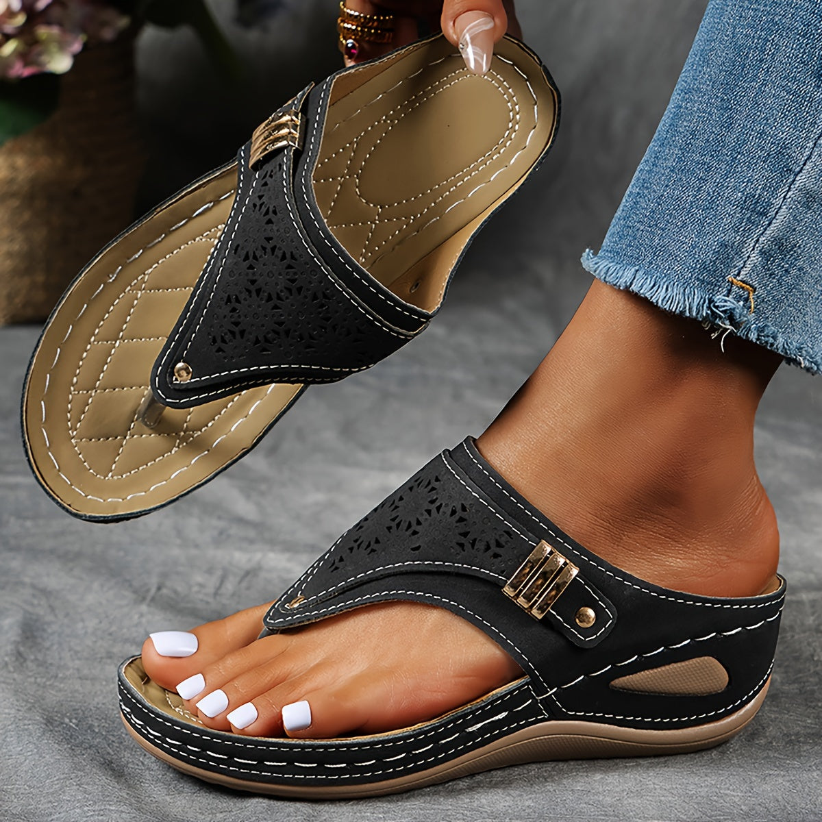 Cut Out Toe Post Thong Wedge Sandals