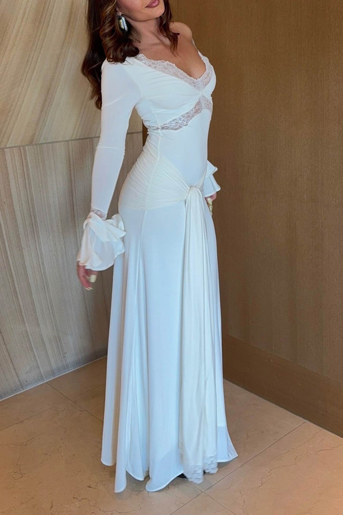 Lace Trim V-Neck Flare Sleeve Draped Hip Ruched Maxi Dress 10