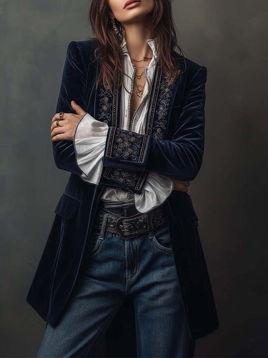 Embroidered Velvet Longline Blazer 2